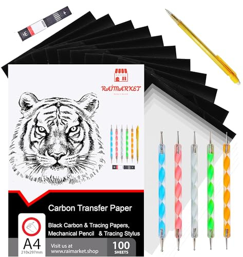 Raimarket 100 Blatt Schwarzes Kohlepapier Transferpapier | Zeichnen Von Entwürfen Mit Durchschlagpapier Pauspapier | Graphitpapier In Premium-qualität Carbon Paper