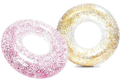 INTEX Schwimmreifen mit Glitter aufblasbarer Schwimmring Ø 107 cm inkl. Reparaturset Flickset, Vinyl, transparent gold oder pink (56274NP)