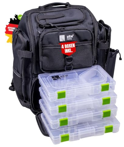 Zite Fishing Angelrucksack mit Boxen & Rutenhalter – Große Angeltasche mit | Boxen (4 Stück) - Angel Rucksack-mit-Boxen - extra dickes Rückenpolster, Angelrucksack-mit Rutenhalter, Fishing Backpack