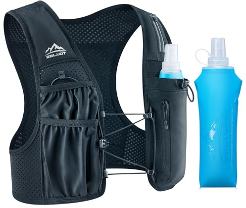 Zelvot Laufweste für Damen und Herren mit 500ml Trinkflasche, Europäisches Originalpatent, Verstellbare Brustgurte, Ultraleicht & Atmungsaktiv, Reflektierende Trinkweste Laufen (Schwarz, M/L)
