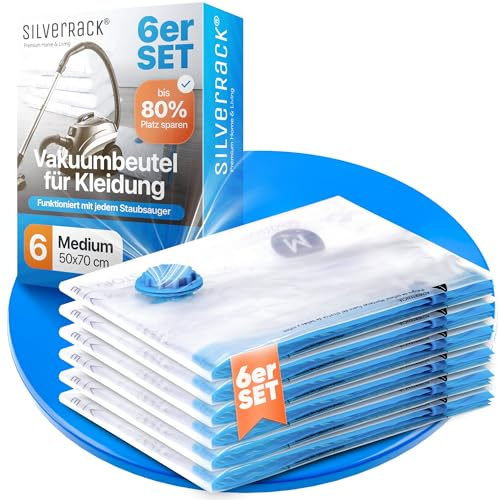 SilverRack Vakuumbeutel für Kleidung [6 Stück] Medium (50x70 cm) - INKL. ETIKETTEN - Vakuumierbeutel Kleidung, Kissen und Jacken - Aufbewahrung Vakuumtüten - Kompressionsbeutel Vacuum