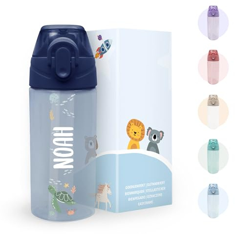 gutmarkiert Personalisierbare Trinkflasche für Kinder – Auslaufsichere Kinder Trinkflasche mit Strohhalm – 100% BPA-Frei – Robuste Flasche für Jungen und Mädchen – Spülmaschinenfest – 450ml Dunkelblau