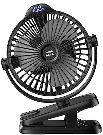 Minthouz Tischventilator mit Clip, 8000mAh USB Ventilator, 5 Geschwindigkeiten Tragbarer Mini Ventilator, Geräuscharmer Deckenventilator Ideal für Outdoor Camping/Kinderwagen/Haus/Büro