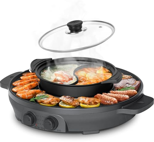 ENFRIFAM 2000W Hot Pot Elektrischer, 2 in 1 Hotpot und Raclette grill, für 8 Personen, Grill Hot Pot, gleichmäßige Erhitzung mit unabhängiger Temperaturregelung, leicht zu reinigen