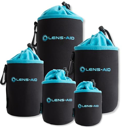 LENS-AID Neopren Objektivbeutel mit Fleece-Fütterung als Set oder einzeln Objektivtasche BZW. Köcher als Schutz für Objektiv, Blitz, Monitor, Kamera-Zubehör - 5er Set (XS,S,M,L,XL)