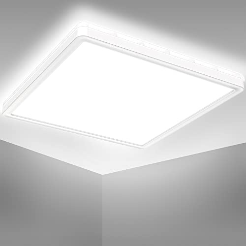 B.K.Licht - Deckenlampe für Bad mit indirektem Licht, ultraflach, neutralweiße Lichtfarbe, LED Deckenleuchte, LED Panel, Badlampe, Badezimmerlampe, Küchenlampe, Feuchtraumleuchte, 29x29x3,5 cm, Weiß