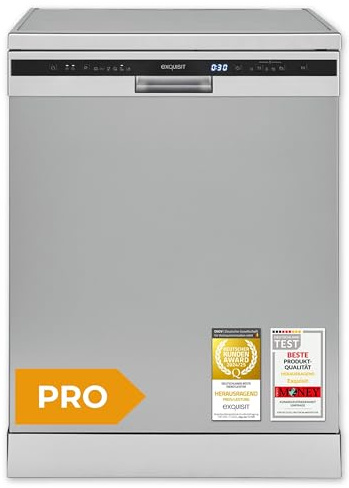 Exquisit Geschirrspüler freistehend 60 cm, Spülmaschine unterbaufähig, 14 Maßgedecke, Energieklasse C, 47 dB, Aquastop, Auto Door, Besteckschublade, Startzeitverzögerung, GSP56314-030C Silber