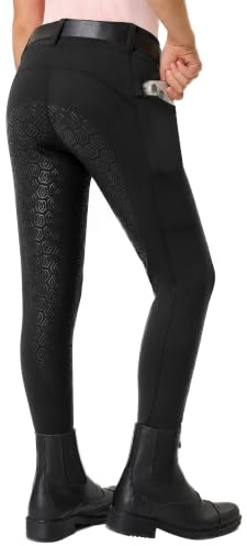 FitsT4 Sports Reithose Kinder Mädchen Reitleggings Reiterhosen Silikon Vollbesatz Reiten Hosen Sommer mit 2 Seitlichen Taschen und Gürtelschlaufen,Schwarz,M