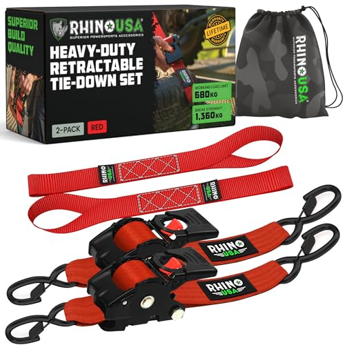 Rhino USA Automatik Spanngurte (2er-Set) 5cm x 3m - Selbstaufrollend | 1.360kg Bruchfestigkeit, Spanngurt Automatik Selbstaufrollend. Für LKW, Anhänger, Motorrad & Fracht. Rot