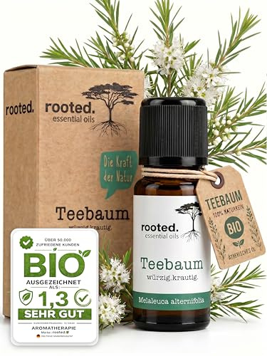 rooted.® BIO Teebaumöl [100% NATURREIN] – Ätherisches Öl für Hautpflege, Naturkosmetik & Duftlampen – Tea Tree Oil zur Aromatherapie, gegen Pickel & unreine Haut