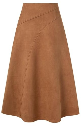 Kate Kasin Damen Faux Wildleder Rock A-Linie Midi Hoch Taillierte Röcke | Winterrock, A Linie Flared Cut, Faux Wildlederoptik, Lederimitat, Elegant, Retro, Invisible Back Zip