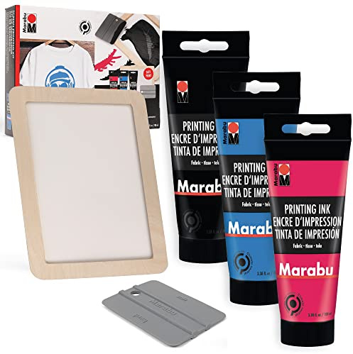 Marabu Siebdruck-Set Mit Wiederverwendbarem Holz-Siebdruckrahmen, Siebdruckrakel Und 3 X 100 Ml Siebdrucktinte - Für Anfänger