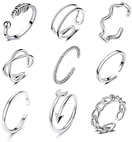 GHYUI Ringe Frauen Set Silber,Verstellbare Ringe Ring Schmuck Boho Niedliches Minimalistischer Vintage,Fingerringe Knoten Wellen Stapelbar Statement Modeschmuck Ringe Set für Damen Mädchen 9PCS