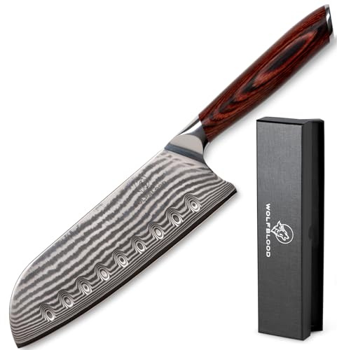 Wolfblood Damastmesser Santoku Messer XL (30cm) TÜV geprüfter 62 HRC Damaststahl aus 67 Lagen I Damast-Küchenmesser Santokumesser mit Kirschholzgriff Geschenkbox und Klingenschutz
