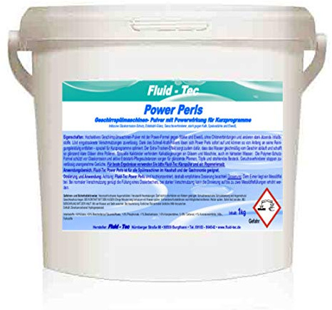 Fluid-Tec 1kg Power Perls Geschirrspülpulver/Spülmaschinenpulver/mit Powerwirkung für Kurzprogramme/Starke Reinigung schon ab 25 Grad Wassertemperatur/phosphatfrei