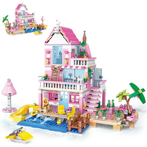 QLT QIAOLETONG Pink Seaside Villa Bausteine Set Kompatibel mit Lego, Pädagogisches Friends Strandhaus Konstruktionsspielzeug-Geschenk für 14+ Jahre und Erwachsene (822 Teile)