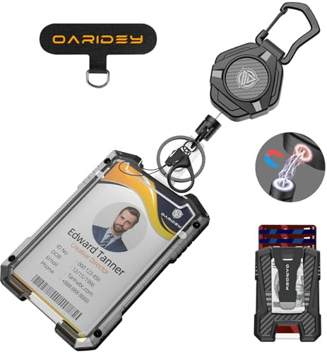 Oaridey Magnetischer Ausweishalter Ausziehbar mit 1 Stück Universelles Patch, Strapazierfähiger Karabiner-Schlüsselanhänger, taktische ID-Ausweisrolle mit einziehbarer 31-Zoll-Stahlschnur, 10 oz