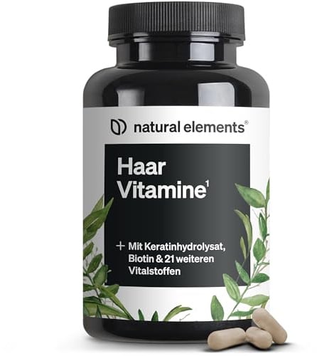 natural elements Haar Vitamine – 180 Kapseln – hochdosiert mit Keratinhydrolysat, Biotin, Selen, Zink, Hirseextrakt, B-Vitaminen & mehr – für Haare, Haut & Nägel* – laborgeprüfte Qualität