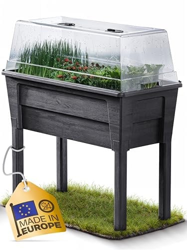 Ondis24 Garten Hochbeet Blumenkübel Victoria für Balkon, Pflanzkasten mit Gewächshaus, Volumen 50 L, Wasserspeicher, Tröpfchenbewässerung, abnehmbare Füße, Outdoor geeignet (1, Anthrazit)