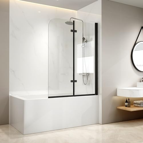 EMKE Duschwand für Badewanne 110x140 cm Schwarz, Faltbare Duschtrennwand 2-teilig 6mm ESG Sicherheitsglas, Klappbarer Badewannenaufsatz Modernem Duschabtrennung Duschwand