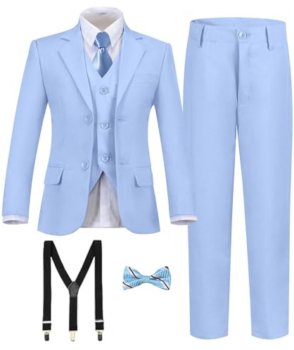 Boy's Formal Suit 7 Piece Slim Fit Tuxedo for Kids Teen Boys Jacket Vest and Pants Set for Wedding with Bow Tie Suspenders