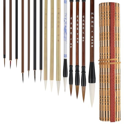 Linkstyle Chinesische Kalligraphie Pinsel Set: 15 Stück Japanischer Sumi Zeichenpinsel mit Bambus Pinseltasche für Anfänger Studenten Künstler, für Kanji, Chinesische Schrift, Sumi-e