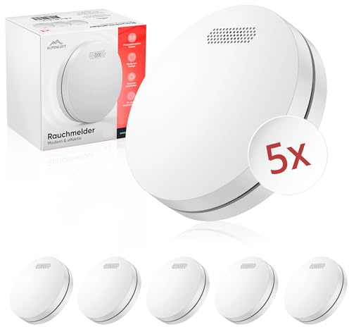 ALPENLUFT Rauchmelder 10 Jahre Batterie, Feuermelder Flach, Rauchwarnmelder, Brandmelder, | Ohne Bohren, Ohne LED Blinken - Rauch Brandschutz Brandmeldeanlage 5er Set