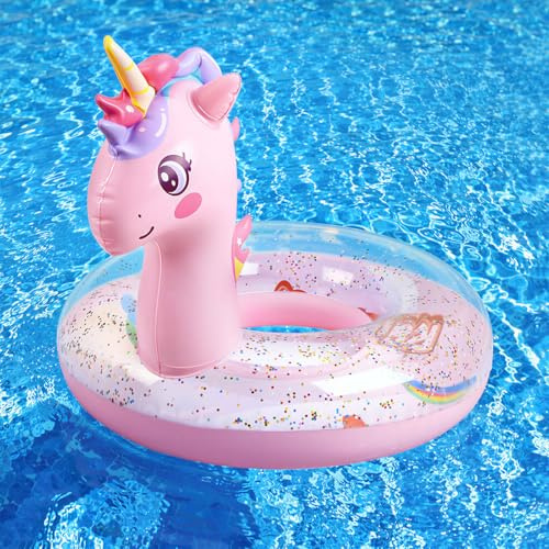 HeySplash Aufblasbarer Schwimmring, 21,6 Zoll Kleinkind Schwimmreifen, Einhorn Pool Spielzeug mit Funkelnden Pailletten, Schwimmhilfe für Schwimmbad, Sommer Strand, See, Party-Deko, Rosa