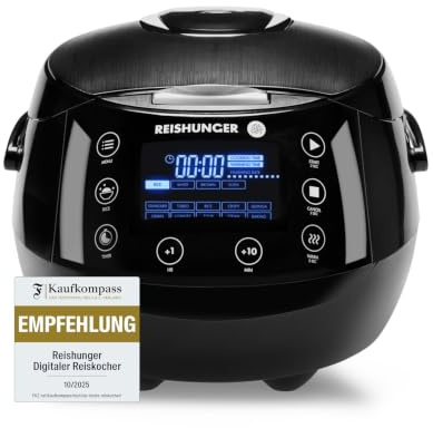 REISHUNGER Digitaler Reiskocher & Dampfgarer – 1,5L – Schwarz | bis zu 8 Personen – Warmhaltefunktion, Timer & Premium Innentopf – Multikocher, 12 Programme, 7-Phasen-Technologie