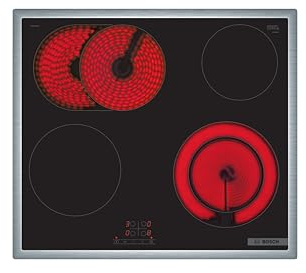 Bosch PKN645BA2E Serie 4 Elektrokochfeld, autarkes Glaskeramik-Kochfeld 60 cm breit, TouchSelect, Bräterzone, ReStart, Umlaufender Rahmen, Kindersicherung, Schwarz