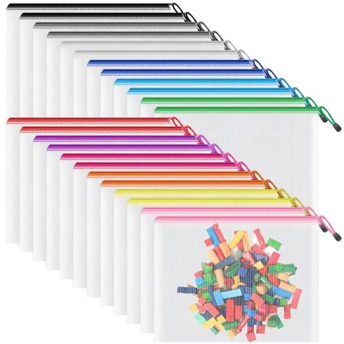 Smarpau Dokumententasche A5, 24 Stück Dokumententasche mit Reißverschluss, Wasserdichte Kunststoff Reißverschlusstasche Mesh Datei Taschen Dokumententasche für Dokument, Papier, Kosmetik (12 Farben)