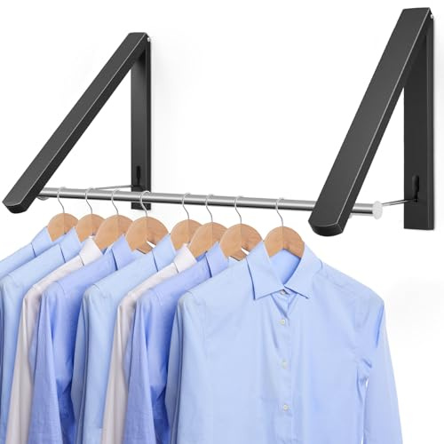 LIVEHITOP Kleiderhaken Wand, Kleiderstange Wandmontage Aluminum | Stabilisieren Kleiderlüfter Klappbar mit Stange für Badezimmer Waschküche Kleiderschrank Balkon (Schwarz)