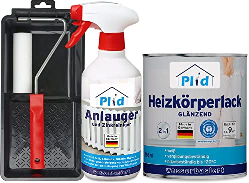 Plid Heizkörperlack wässrig Weiß 0,75l mit Anlaugher & Lackierset | Heizkörperfarbe für Heizkörper & Heizungsrohre | bis 120 °C hitzebeständig | Hohe Deckkraft | ca. 9 m² | Made in Germany