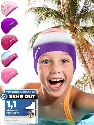 KIDVERSE Badekappe Mädchen - wasserdichte Badekappe Kinder mit Anti-Rutsch-Noppen - Badehaube Kinder - UV Schutz Schwimmhaube 100% reißfest - Schwimmkappe
