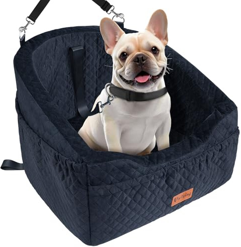 Vivifying Hundeautositz für kleine Hunde, abnehmbare und waschbare Sitzerhöhung für Haustiere bis zu 9 kg, Reisebett mit Staufächern und Sicherheitsgurt (Schwarz)