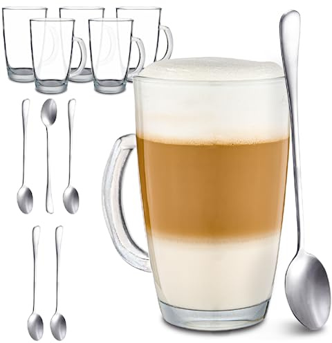 Cosumy 6 Latte Macchiato Gläser mit Henkel und Löffel - 300ml - Hält lange warm - Ideale Größe für Kaffeevollautomaten - Spülmaschinenfest