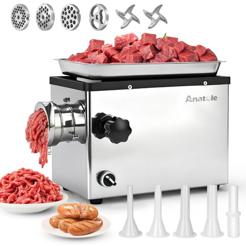 Anatole Fleischwolf Elektrisch Profi Wurstmaschine Edelstahl 950W | Knochenmühle, 6/8/10mm/3-Loch Schleifplatten, 2 Klingen, 4 Wurstfüller, Kompakte Bauweise, für Restaurant Hotel Hause, 220V
