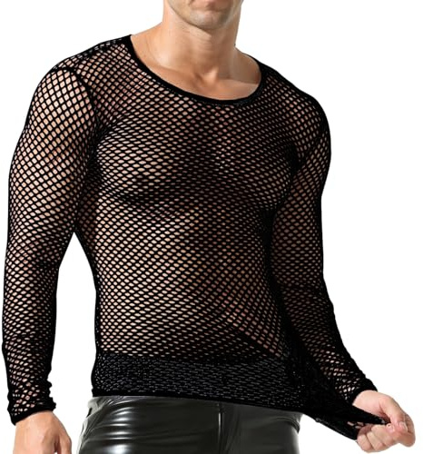 QiaTi Herren Mesh Fishnet Durchsichtig Langarm T-Shirt Muskel Transparent Shirts Langarm Unterhemd Club