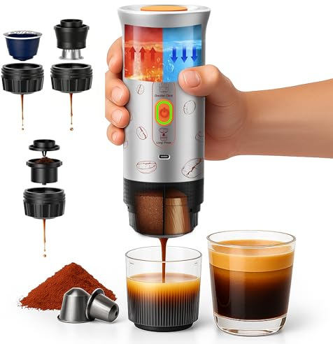 Tragbare Espressomaschine, 3-in-1 Reise-Kaffeemaschine mit Selbstheizung, Batteriebetriebener 20Bar Kabelloser tragbarer Espressokocher Kompatibel mit gemahlenem Kaffee & Kapsel für Camping, Auto