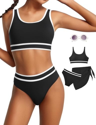 Badeanzug für Teenager-Mädchen, hohe Taille, sportlicher Bikini, Badeanzüge mit Rock und Sonnenbrille, 4-teiliges Set, 8–15 Jahre