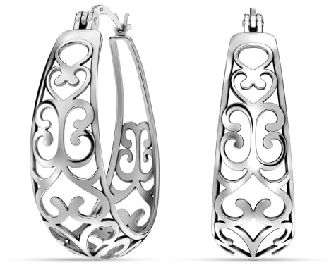 LeCalla 925 Sterling Silber Antik-Filigran-Creolen, hypoallergen, trendiger Schmuck, kleine ovale, filigrane Herz-Creolen mit Klickverschluss für Damen, 24 mm