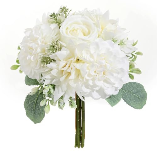 Sousi Hochzeitssträuße für Braut und Brautjungfern, Weiße Kunstrosen Blumen Hochzeitsdekoration (Weiß, 20 cm)