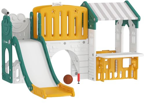 AIYAPLAY 7 in 1 Kinderrutsche mit Klettergerüst Kleinkindrutsche mit Basketballkorb, Tunnel, Teleskop, Stauraum, Spielhaus, Indoor und Outdoor Spielplatz für Kleinkinder 1-4 Jahre, Gelb+Grün