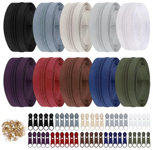 Reißverschluss Endlosreißverschluss mit Zipper, 30M 10 Farben Reisverschluss Endloses Nylon Endlosreißverschluss Set mit 50 Zipper und 100 Endstück für Nähen, Basteln und Tasche (10 Farbe Dunkel)