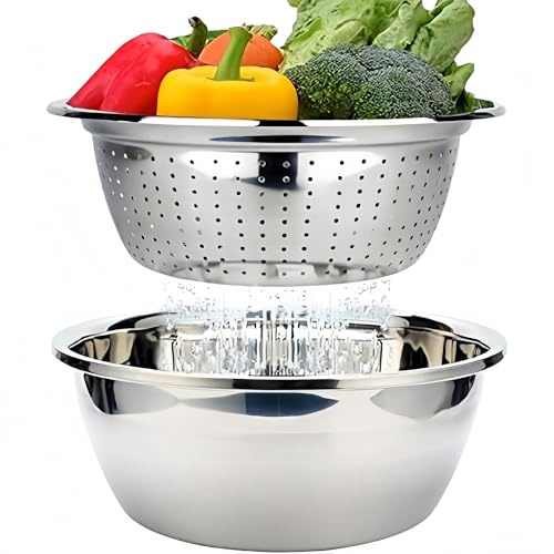 Edelstahl Seiher und Schüsselset Küchensieb Nudelsieb Reis Waschschüssel Salat-Sieb Rührschüssel Set, Stapelbares Edelstahl Schüsselset Ø 26cm