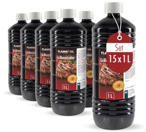 Grillanzünder flüssig 15 L | Kindersicherheitsverschluss, 1 Liter Flaschen, Für Grills und Feuerstellen