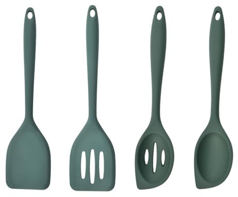 4 Stück Kochlöffel aus Silikon, Kochutensilien, 28 cm, Antihaft-Silikonlöffel zum Rühren, Pfannenwender, Löffel, zum Mischen und Übertragen von Lebensmitteln (dunkelgrün)