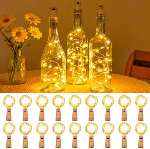 kolpop 18 Stück LED Lichterkette mit Batterie, 2M 20LED Mini Lichterkette für Außen/Innen Deko Flaschenlichter DIY, Party, Hochzeit, Weihnachten - Warmweiß