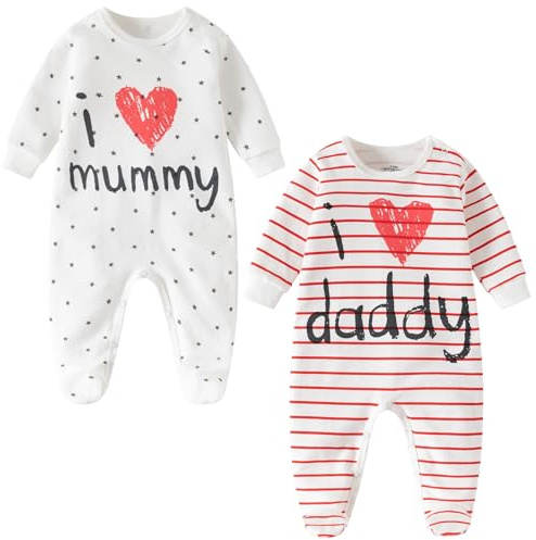 aomomo Baby Strampler Set 2-teilig „I Love Mummy & Daddy“ – Langarm Baby Schlafanzug aus Baumwolle, Unisex Neugeborenen Overall für Jungen & Mädchen (DE/NL/SE/PL, Alter, 3 Monate, Weiß)