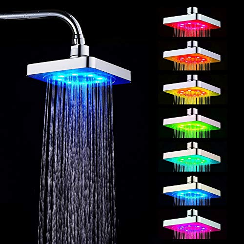 Nikou 7 Farben LED Duschkopf Regendusche, 6 Zoll Regenduschkopf Kopfbrause Wasserfall Duschkopf Quadratisch Einbauduschkopf mit Farbwechsel, Duschbrause für Badezimmer Home Hotel
